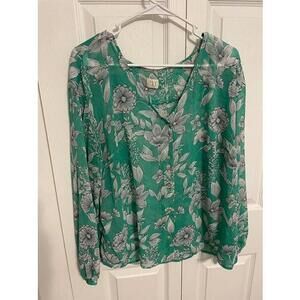 A New Day Medium Green Sheer Floral Blouse V Neck Long Sleeve Top